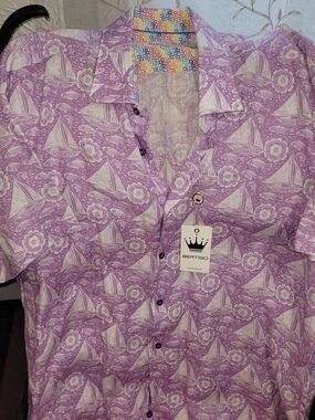 Bertigo Men's Lavender Sailboat Print Short Sleeve Button-Down Shirt